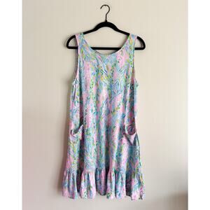 Lilly Pultizer Blue Pink Unicorn of the Sea Kristen Flounce Pocket Dress Large